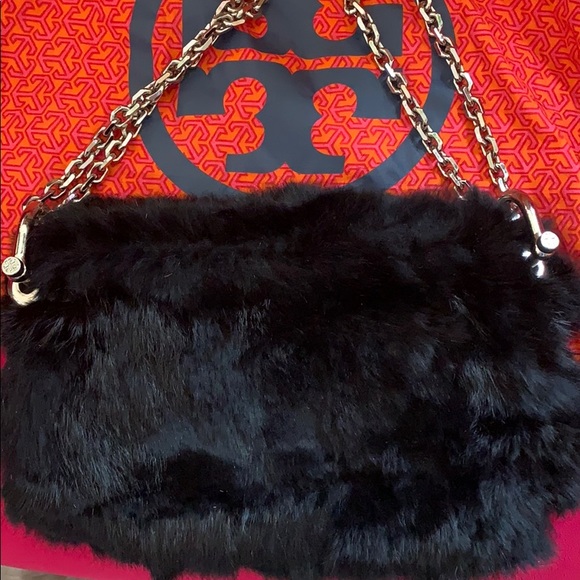 Tory Burch black Rabbit fur logo handbag w chain - Picture 3 of 8